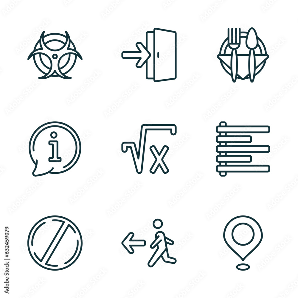 Poster set of 9 linear icons from signs concept. outline icons such as radioactive elements, exit right arr