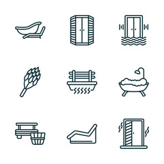 set of 9 linear icons from sauna concept. outline icons such as private spa, infrared heat cabin, sound stimulation, banja, laconium, irish steam bath vector