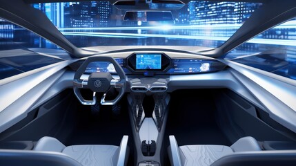 Empty Cockpit of Autonomous Car, Self Driving Vehicle, Futuristic Driverless Car. Generative Ai