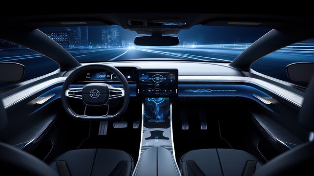 Empty Cockpit of Autonomous Car, Self Driving Vehicle, Futuristic Driverless Car. Generative Ai