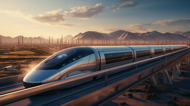 Hyperloop and High-Speed Rail. Illustration of futuristic transportation with hyperloop and high-speed rail networks connecting cities. Generative ai