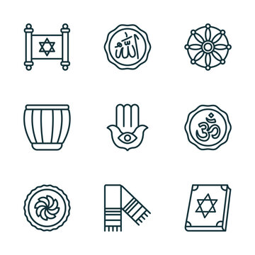 set of 9 linear icons from religion concept. outline icons such as judaism, allah word, dharma, cake, tallit, torah book vector