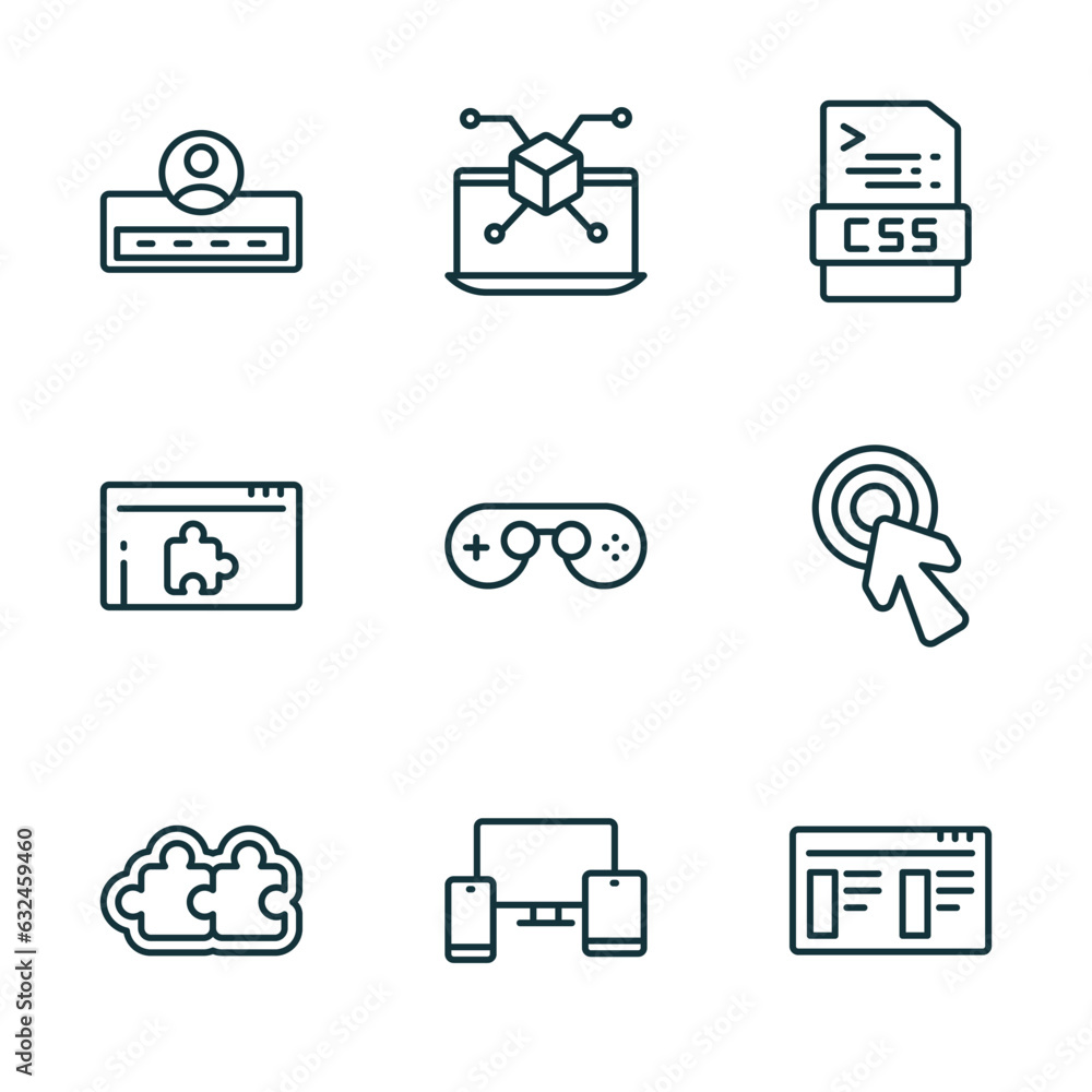 Poster set of 9 linear icons from programming concept. outline icons such as login, simulation, css, addon,