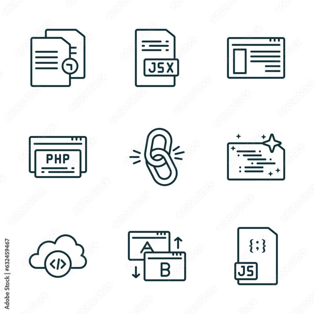 Poster set of 9 linear icons from programming concept. outline icons such as duplicate, jsx, ux de, cloud s