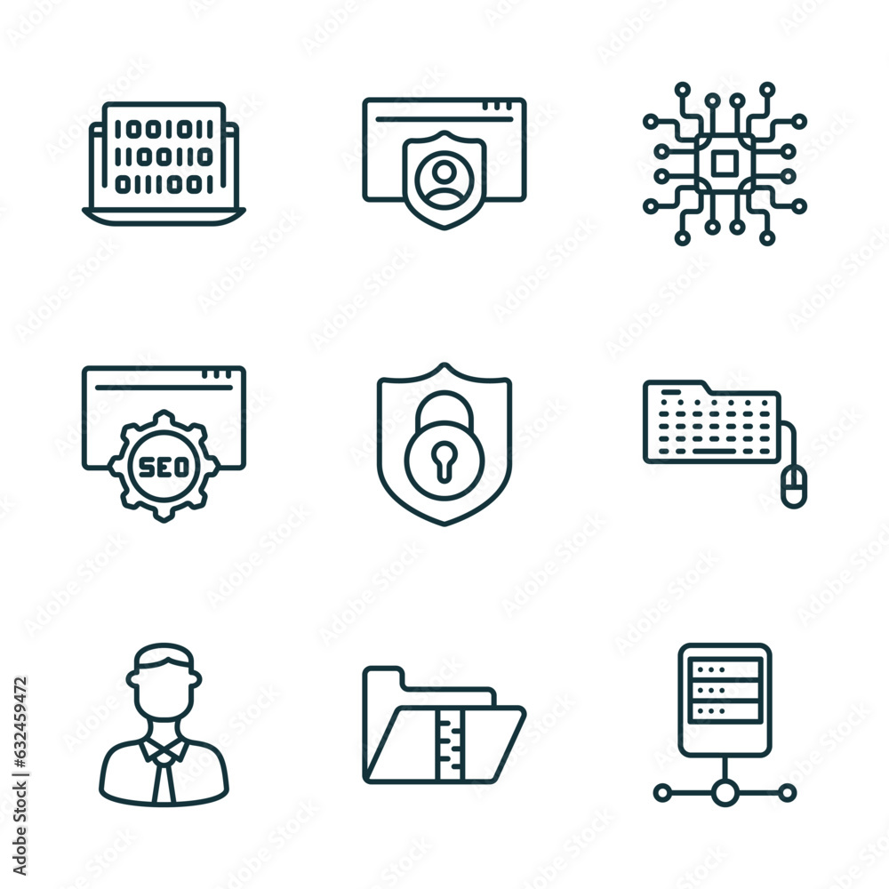 Poster set of 9 linear icons from seo concept. outline icons such as binary code, authorize, microchip, seo