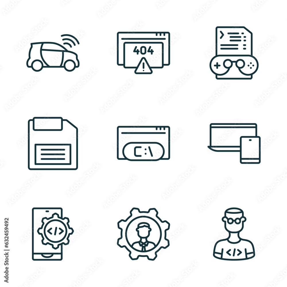 Poster set of 9 linear icons from programming concept. outline icons such as smart car, error 404, game dev