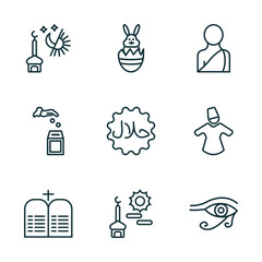 set of 9 linear icons from religion concept. outline icons such as maghrib prayer, easter bunny, buddhist monk, commandments, subah prayer, eye of ra vector