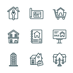 set of 9 linear icons from real estate concept. outline icons such as house key, blueprint, shopping, facade, for rent, juridical vector