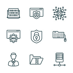 set of 9 linear icons from seo concept. outline icons such as binary code, authorize, microchip, seo, archive, server vector