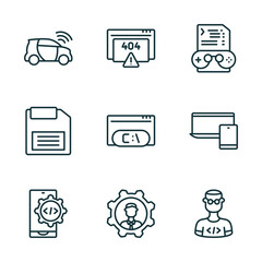set of 9 linear icons from programming concept. outline icons such as smart car, error 404, game development, mobile development, seo management, developer vector