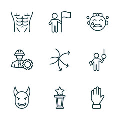 set of 9 linear icons from people concept. outline icons such as torso, man holding a flag, crying baby, devil head with horns, cinema award, slap vector