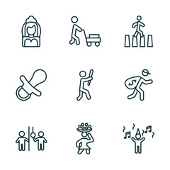 set of 9 linear icons from people concept. outline icons such as bride avatar, person mowing the grass, crossing road, occupant, woman carrying, man celebrating vector