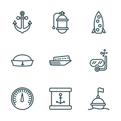 set of 9 linear icons from nautical concept. outline icons such as big anchor, air tank, one suroard, barometer, sea package, buoy vector