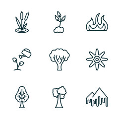 set of 9 linear icons from nature concept. outline icons such as reeds, cultivation, burn, tree with big foliage, tree with white foliage, melting vector