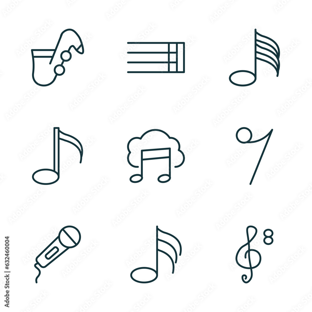 Poster set of 9 linear icons from music and media concept. outline icons such as jazz, bold double bar line