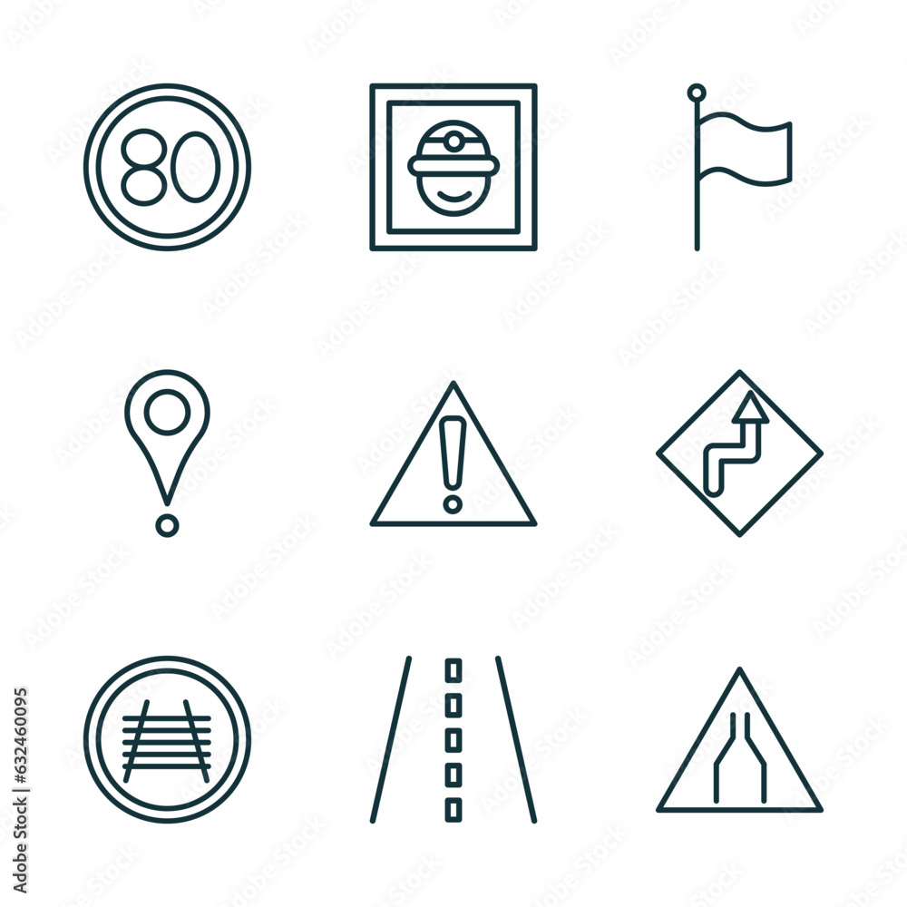 Poster set of 9 linear icons from maps and flags concept. outline icons such as 80 speed limit, mine site, 