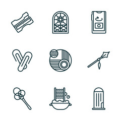 set of 9 linear icons from miscellaneous concept. outline icons such as sharpen, stained glass window, front camera, carpet beater, washboard, granary vector