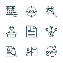 set of 9 linear icons from human resources concept. outline icons such as appointment, target audience, job, curriculum vitae, exit interview, change management vector