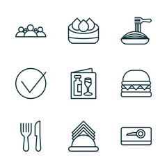 set of 9 linear icons from hotel and restaurant concept. outline icons such as people, dim sum, spaghetti, cutlery, napkins, key card vector