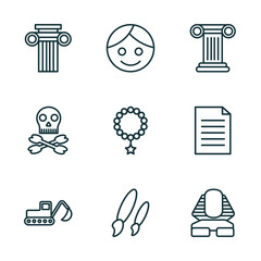 set of 9 linear icons from history collection. concept. outline icons such as ancient, face, column, digger, brushes, sphinx vector