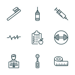 set of 9 linear icons from health and medical concept. outline icons such as tooth brush, punching bag, injection, x ray, electric toothbrush, measure tape vector