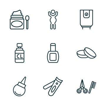 set of 9 linear icons from hygiene concept. outline icons such as scrub up, body shaming, water heater, l aspirator, nail clippers, grooming vector
