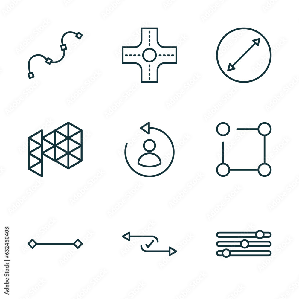 Poster set of 9 linear icons from geometry concept. outline icons such as spline, intersection, diameter, l