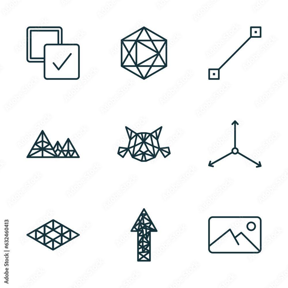 Poster set of 9 linear icons from geometric figure concept. outline icons such as select all, icosahedron, 