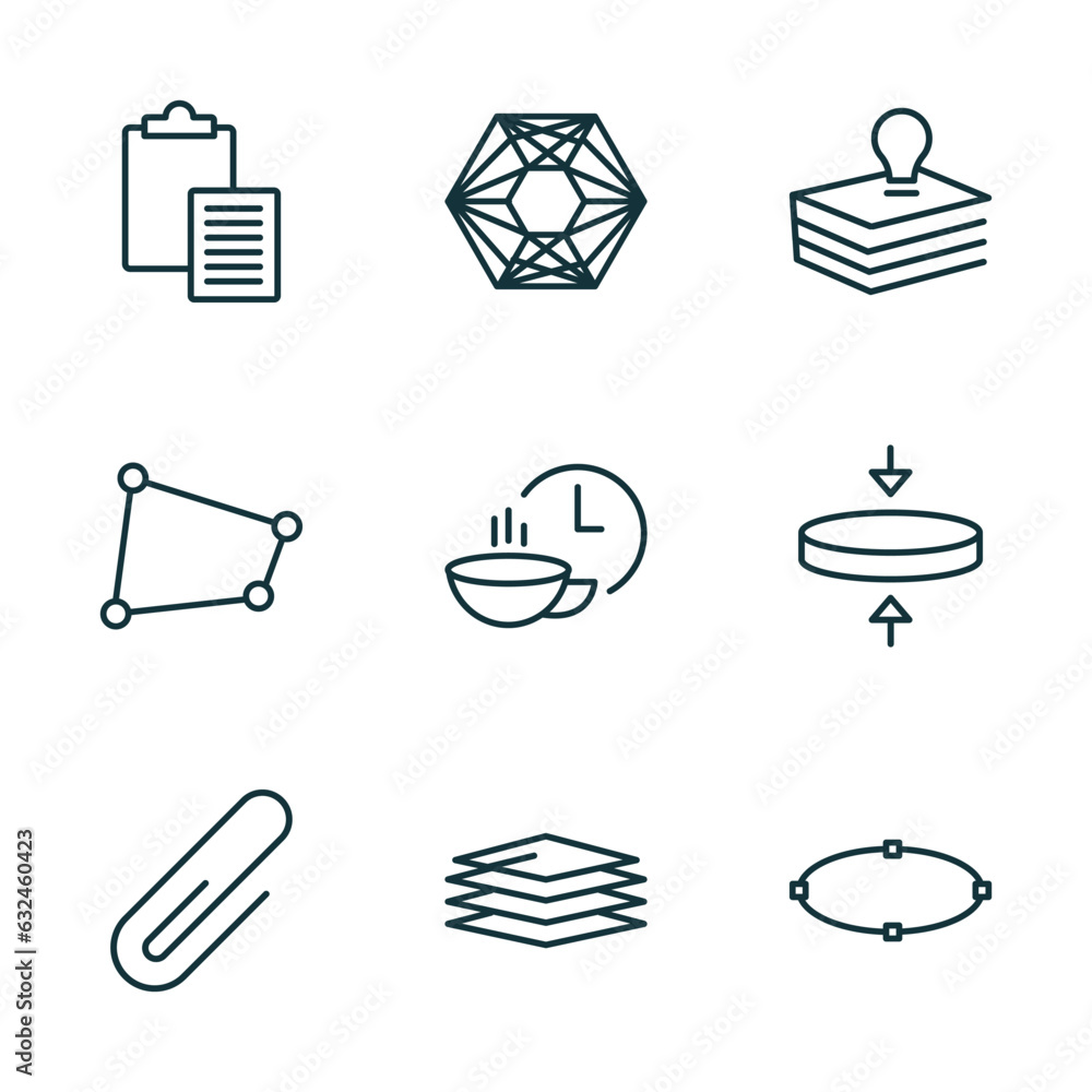 Poster set of 9 linear icons from geometry concept. outline icons such as paste clipboard, polygonal hexago