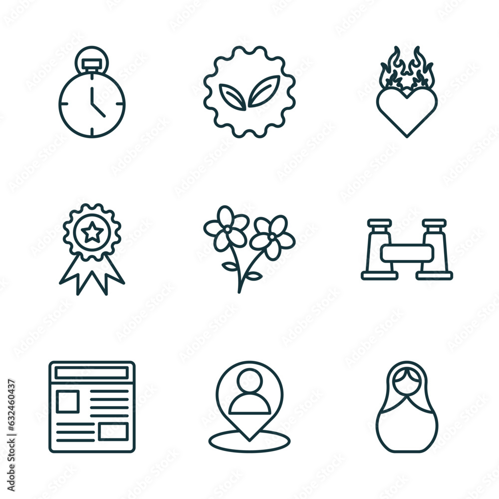 Poster set of 9 linear icons from general concept. outline icons such as analog stopwatch, go green badge, 