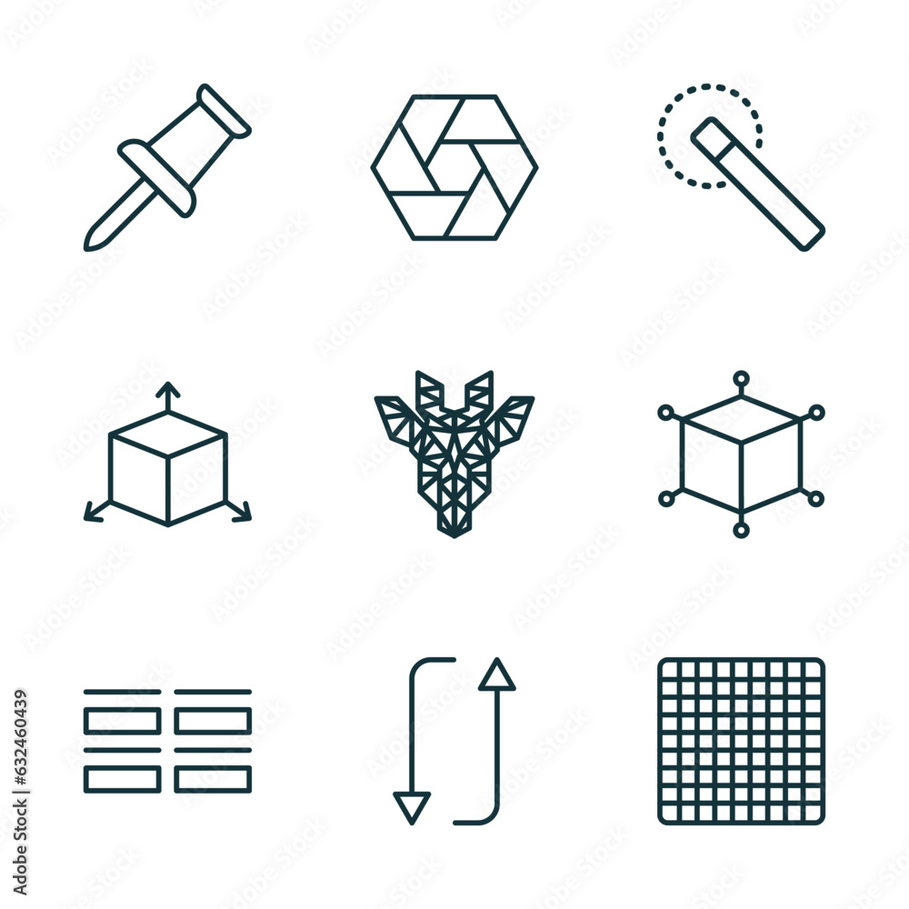 Poster set of 9 linear icons from geometric figure concept. outline icons such as push pin, polygonal hexag