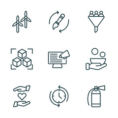 set of 9 linear icons from general concept. outline icons such as renewable energy label, brush history, lead conversion, heart between hands, rewind time, fire estinguisher vector