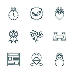 set of 9 linear icons from general concept. outline icons such as analog stopwatch, go green badge, heart in flames, news feed, placement, matryoshka vector