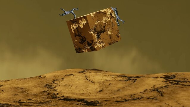 Two person falling from flying cube 3D rendering.