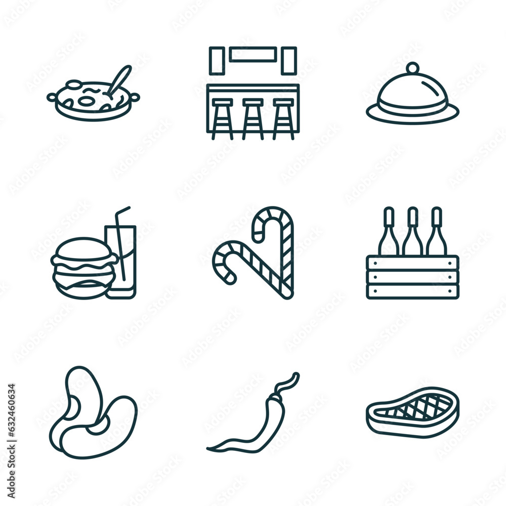 Wall mural set of 9 linear icons from food concept. outline icons such as cantonese seafood soup, cafe bar, covered food tray, bean, hot chilli pepper, foods vector