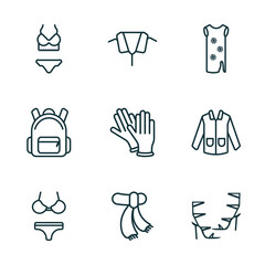 set of 9 linear icons from fashion concept. outline icons such as lingerine, collar, tunic, swimwear, wool scarf, high heel sandals vector