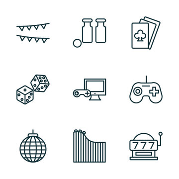 set of 9 linear icons from arcade concept. outline icons such as festival, bottles ball, gambler, disco, roller coaster, slot hine vector