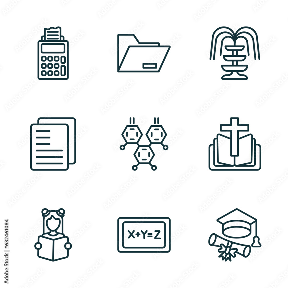 Poster set of 9 linear icons from education concept. outline icons such as adding hine, open file, fountain
