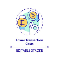 2D editable lower transaction costs thin line icon concept, isolated vector, multicolor illustration representing digital currency.