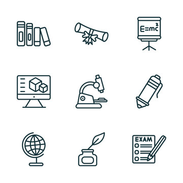 set of 9 linear icons from education concept. outline icons such as library books, graduation diploma, relativity formulae, classroom globe, ink, exams vector