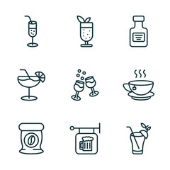 set of 9 linear icons from drinks concept. outline icons such as ramos gin fizz, mint julep, absinthe, coffee bag, pub, bloody mary vector