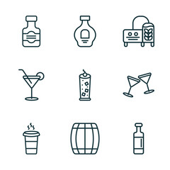 set of 9 linear icons from drinks concept. outline icons such as whiskey, cognac, brewery, paper cup, cask, wine bottles vector