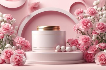 Obraz na płótnie Canvas 3D realistic beauty products presented on a podium with pink carnations and pink circular geometry