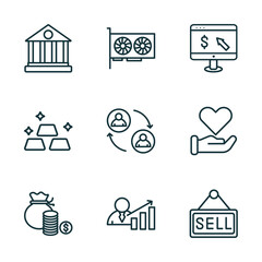 set of 9 linear icons from cryptocurrency concept. outline icons such as bank, video card, online banking, funds, economist, sell vector