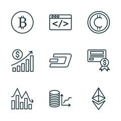 set of 9 linear icons from cryptocurrency concept. outline icons such as bitcoin, programming, cryptocurrency, fluctuation, budget diagram, vector