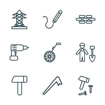 set of 9 linear icons from construction tools concept. outline icons such as electric tower, drawing, brick, brick hammer, crowbar, hammer and nail vector