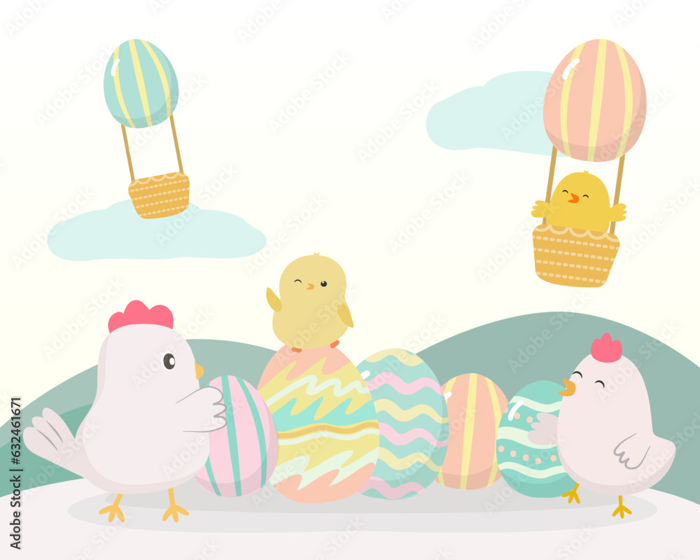 Wall mural Happy Easter greeting design with cute Rabbit chick and eggs