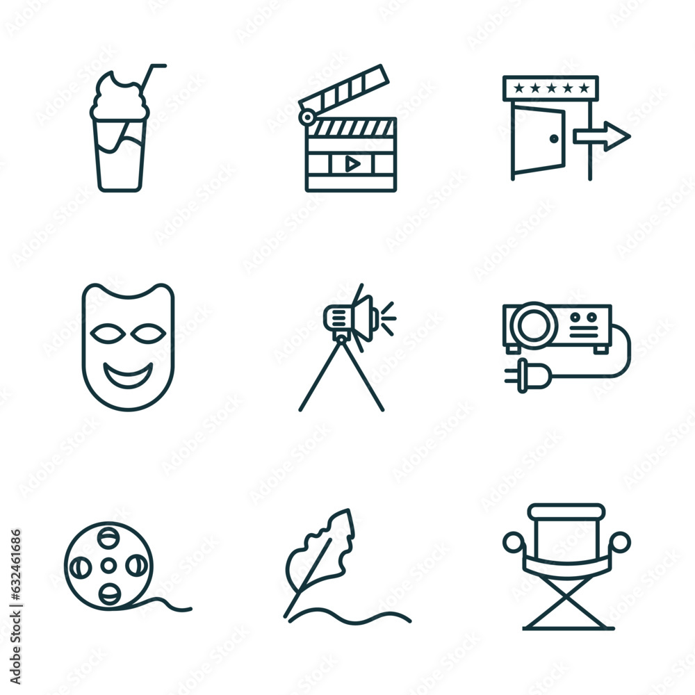 Poster set of 9 linear icons from cinema concept. outline icons such as smoothie with straw, movie clapper 