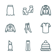 set of 9 linear icons from clothes concept. outline icons such as peplum skirt, ankle boots, denim jacket, one shoulder dress, flare pants, knit hat with pom pom vector