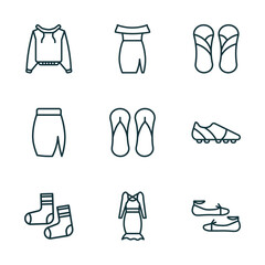 set of 9 linear icons from clothes concept. outline icons such as pullover, off the shoulder dress, sandals, men socks, jersey wrap dress, flat shoes vector